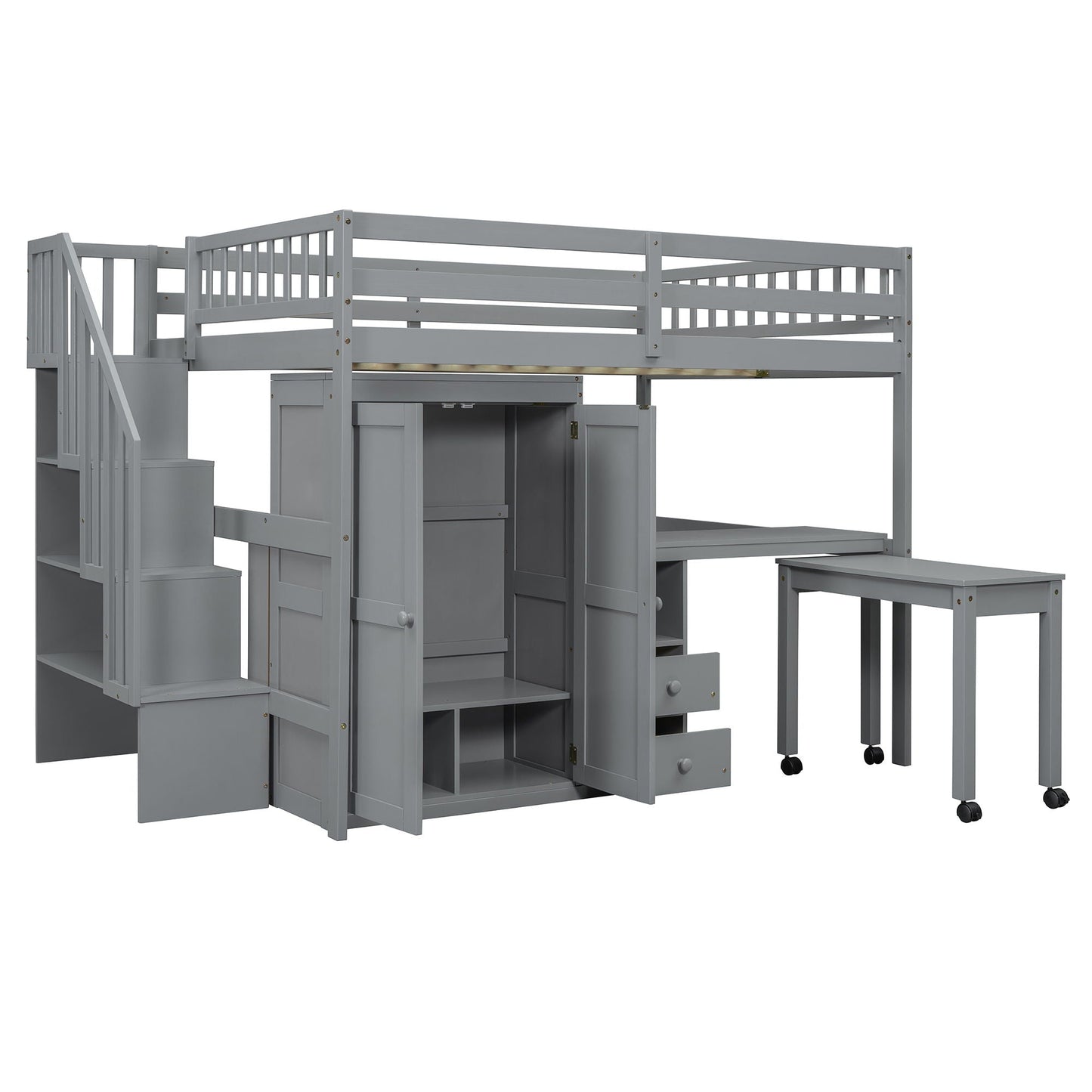 Loft Bed With Stairs, Bookshelf, Drawers, Desk & Wardrobe, Space Saving Multifunctional Furniture