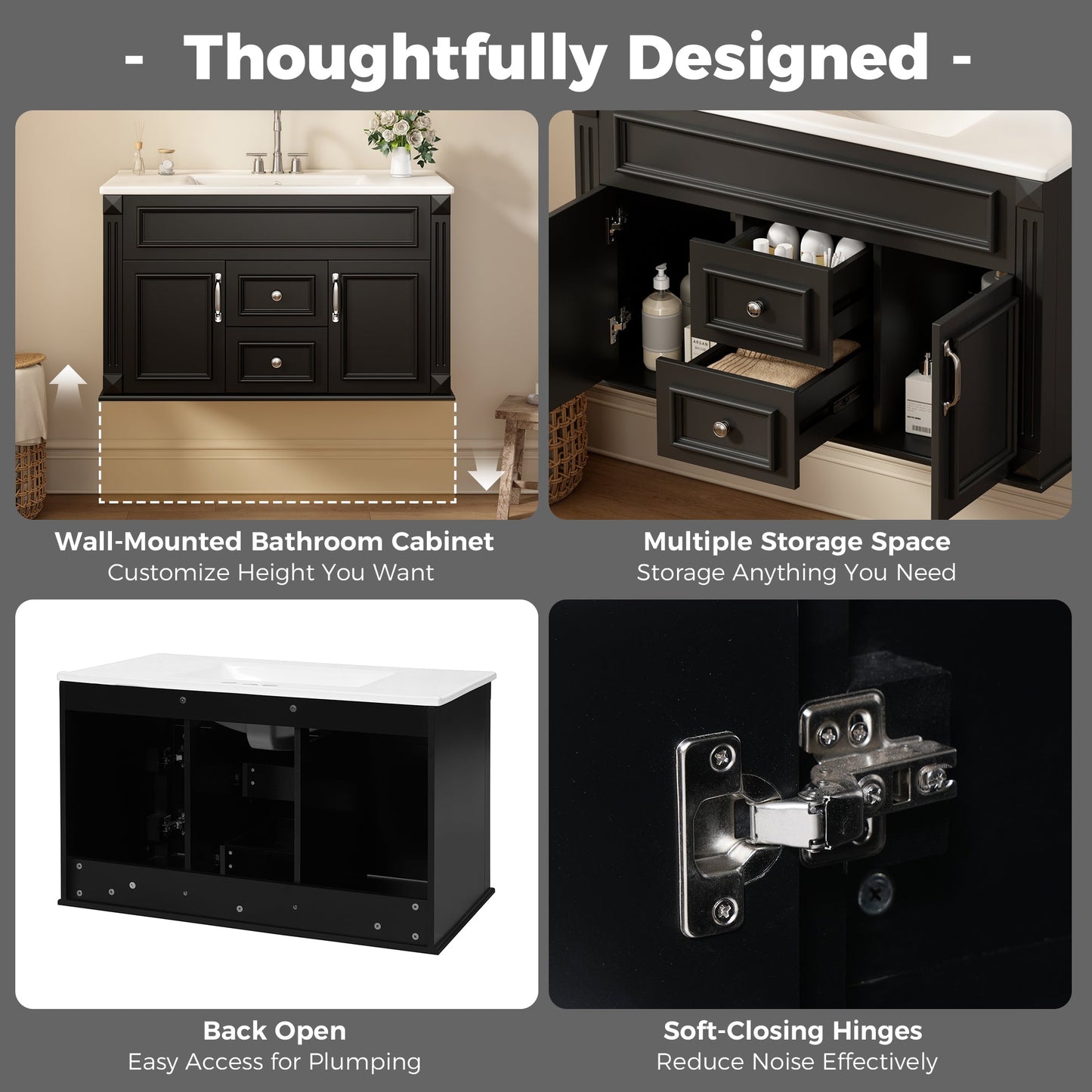 36 Inch Wall Mounted Bathroom Cabinet with Ceramic Sink and Drawers