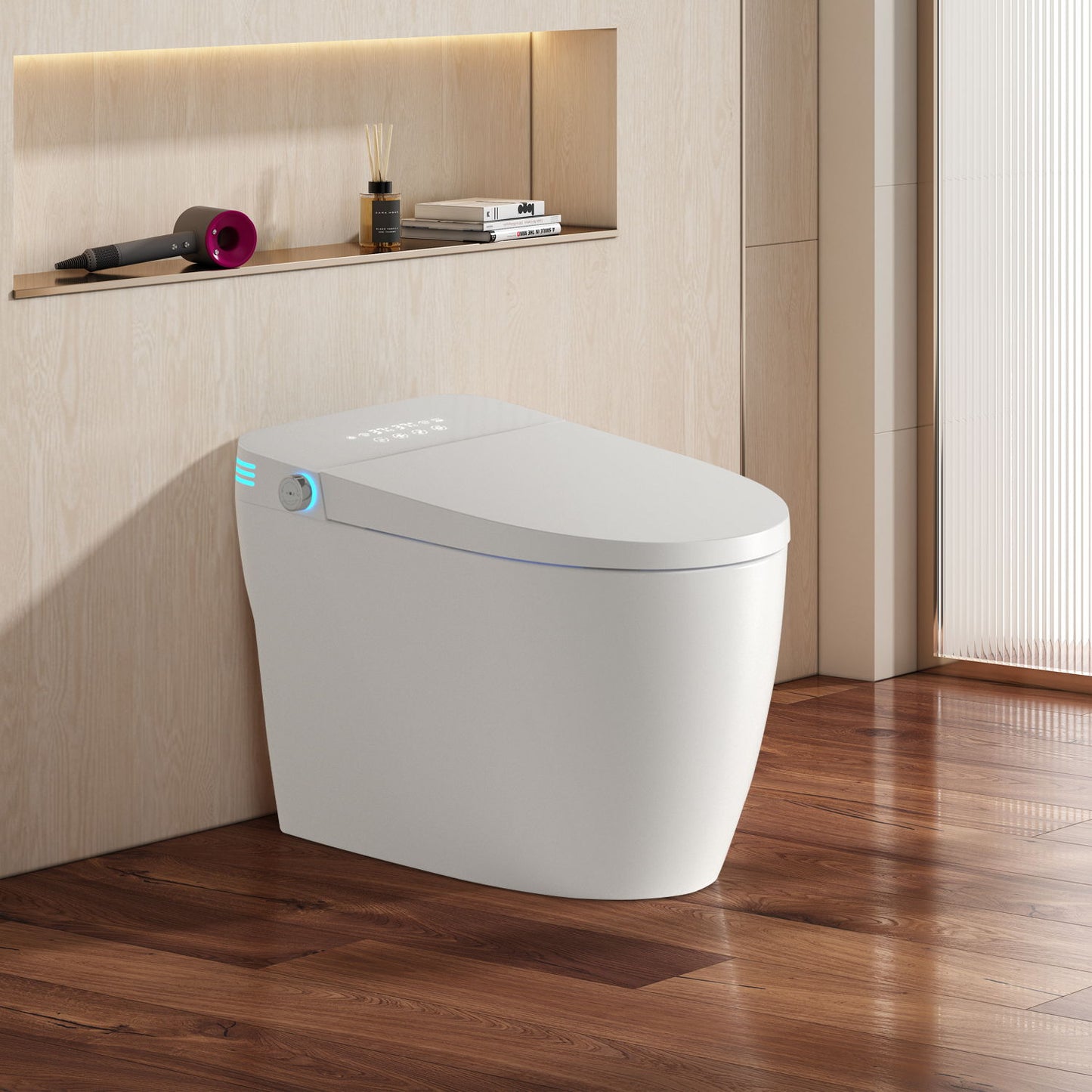 Tankless Smart Toilet With Bidet Built In, 1 Piece Bidet Toilet Seat, Auto Flush, Heated Seat, Warm Water And Dry, Adjustable Temp, Remote Control Side Know - White