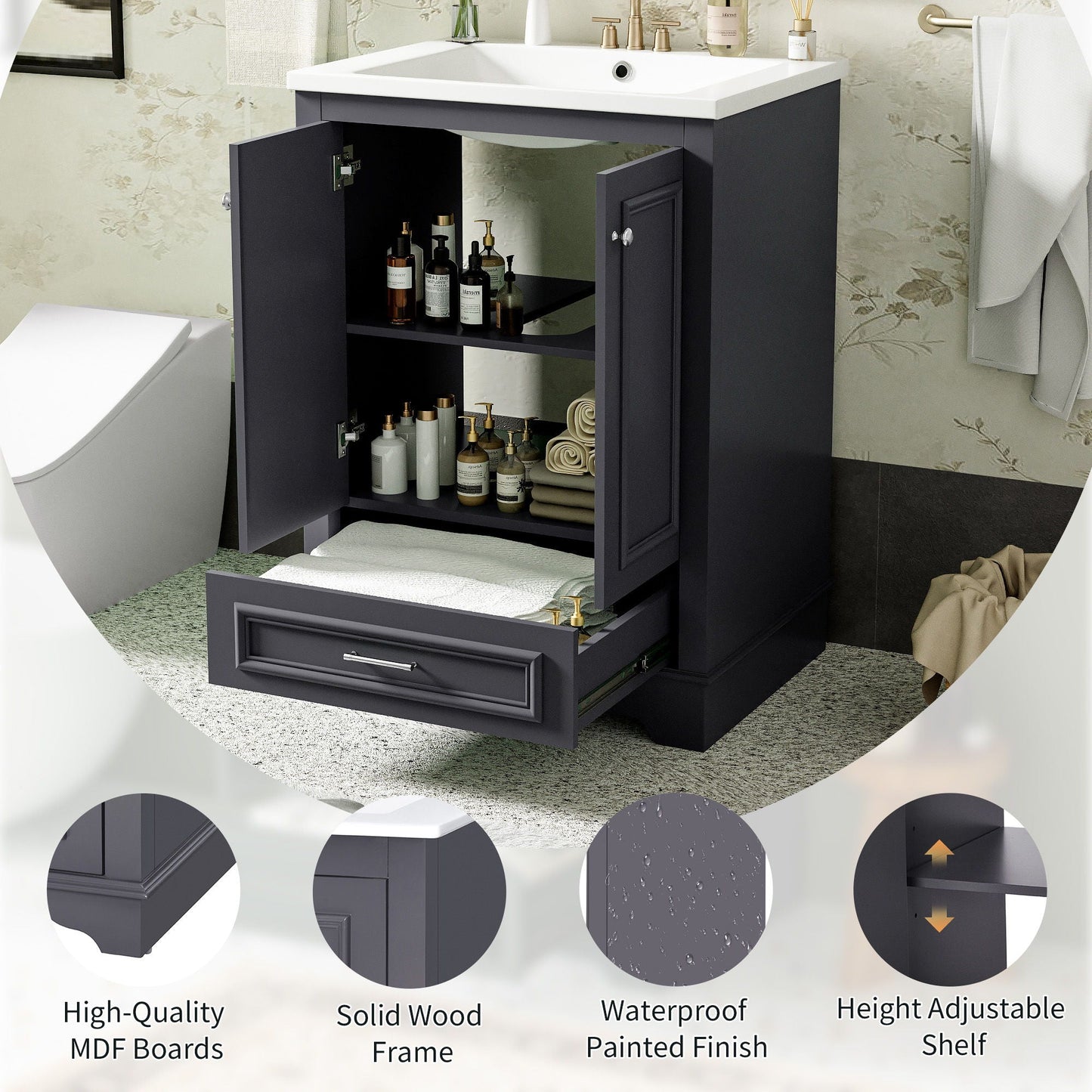Bathroom Vanity With Ceramic Sink Combo, Modern Freestanding Storage Cabinet With Silver Handles