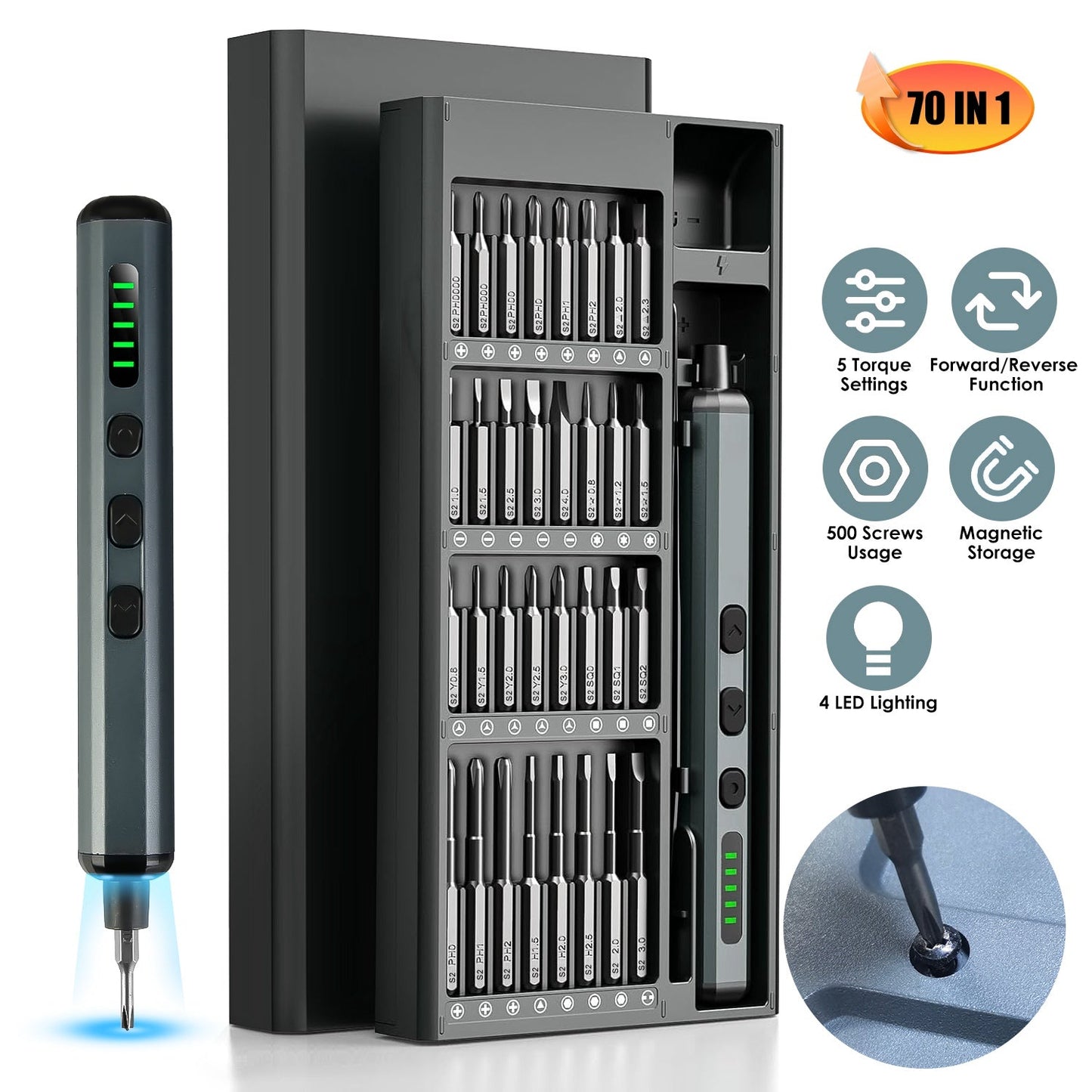 70 In 1 3.7V Mini Electric Screwdriver Kit Rechargeable Magnetic Repair Tool Kit with 5 Torque Settings 64 S2 Precision Bits 4 LED Lights for Phone Ca