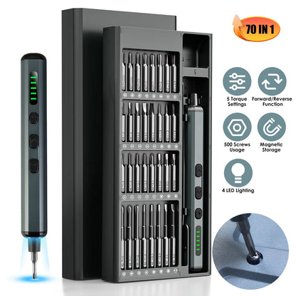 70 In 1 3.7V Mini Electric Screwdriver Kit Rechargeable Magnetic Repair Tool Kit with 5 Torque Settings 64 S2 Precision Bits 4 LED Lights for Phone Ca