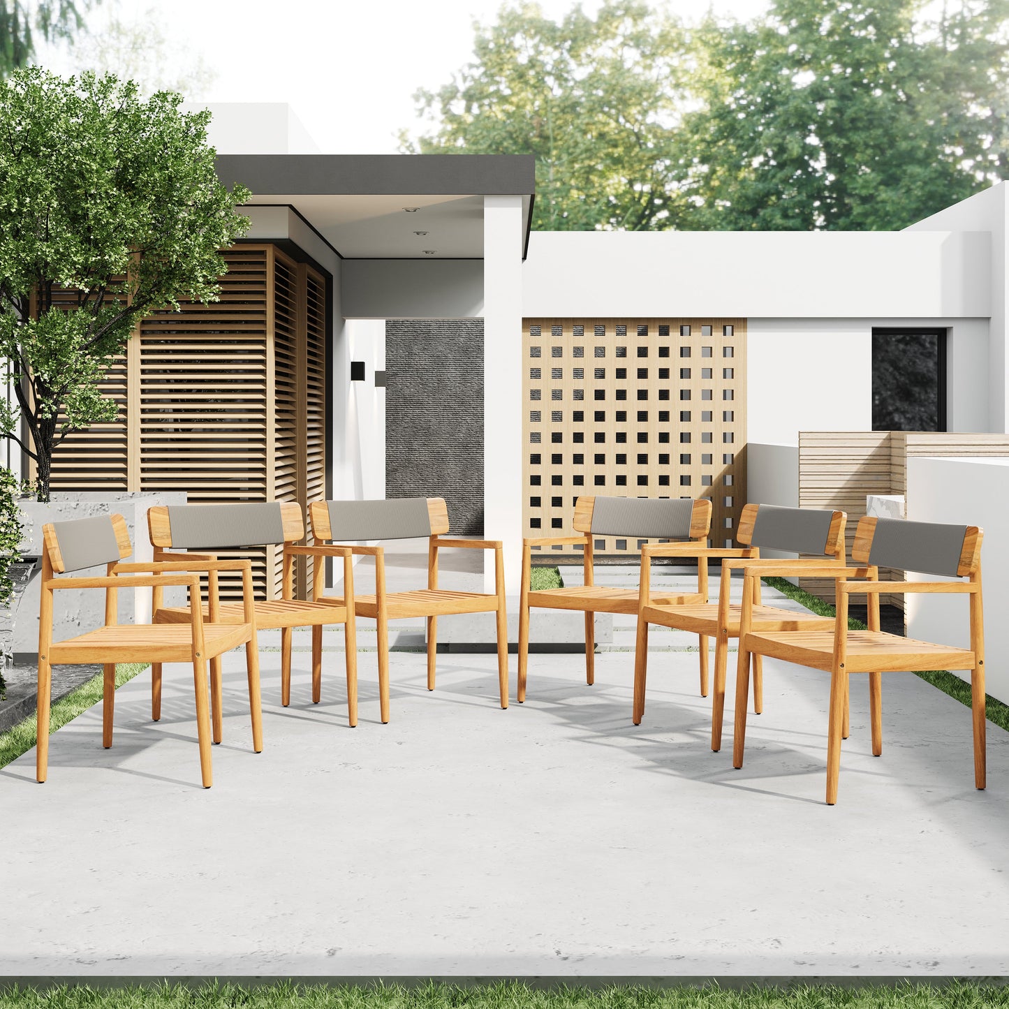 Creative Braided Acacia Wood Outdoor Dining Chairs with Armrests