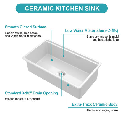 Undermount Workstation Single Bowl Porcelain Ceramic Kitchen Sink