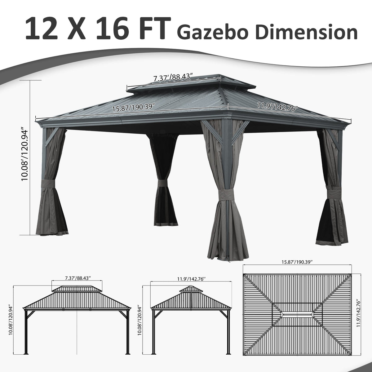 12' x 16' Hardtop Gazebo with Dual-Layer Roof