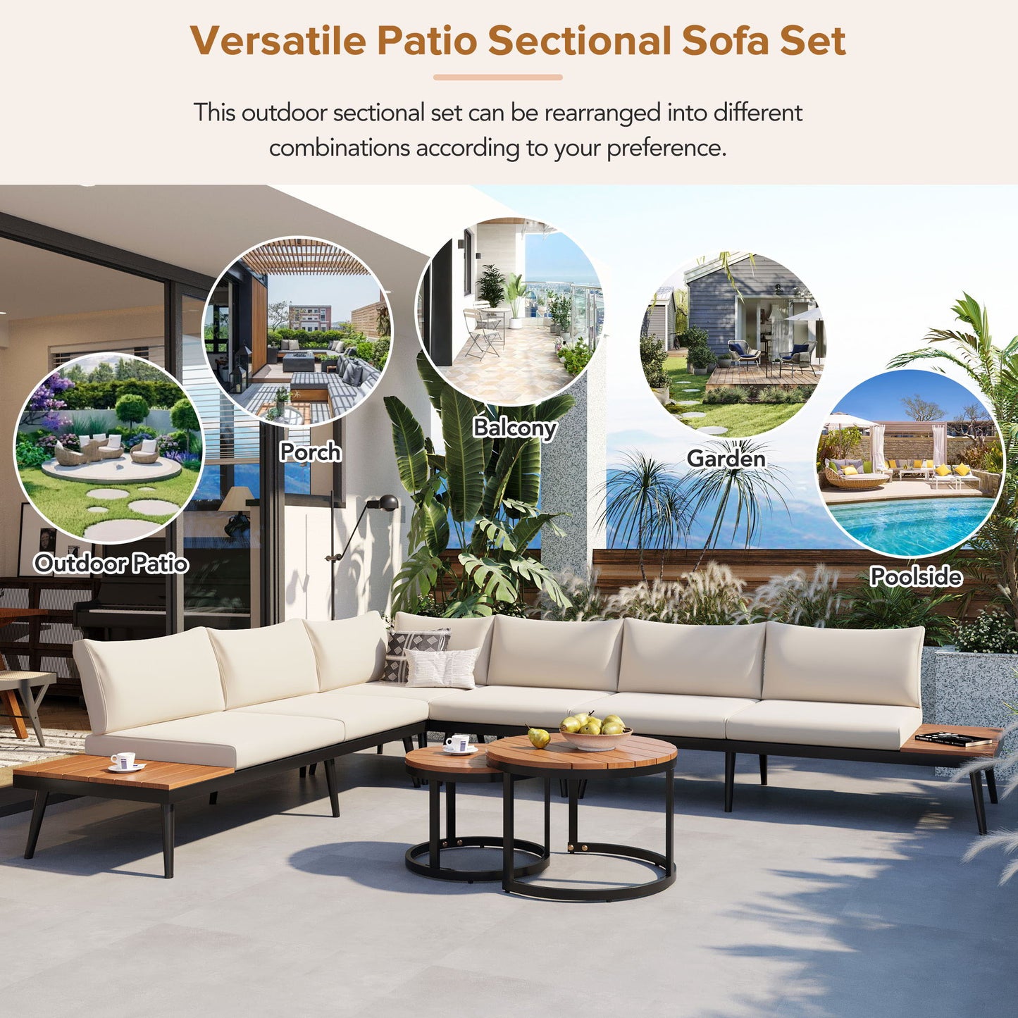 Modern Outdoor Sectional Sofa Set With Nesting Coffee Tables