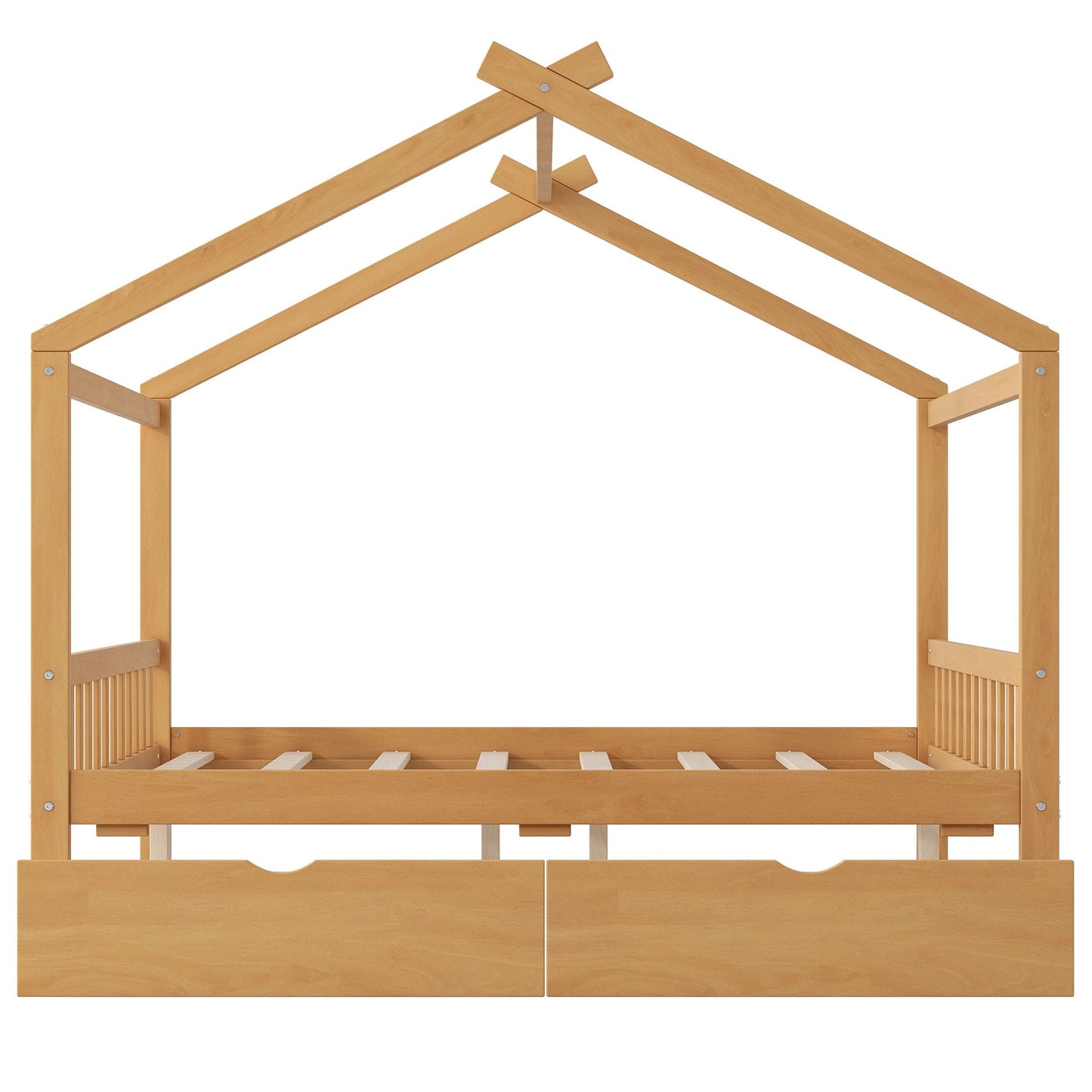 House Style Platform Bed With Headboard, Footboard, 2 Drawers, And Roof Design