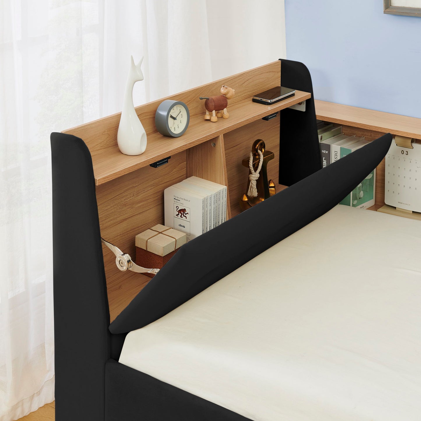 Upholstered Daybed With Storage Headboard, Wireless Charging, LED Lights