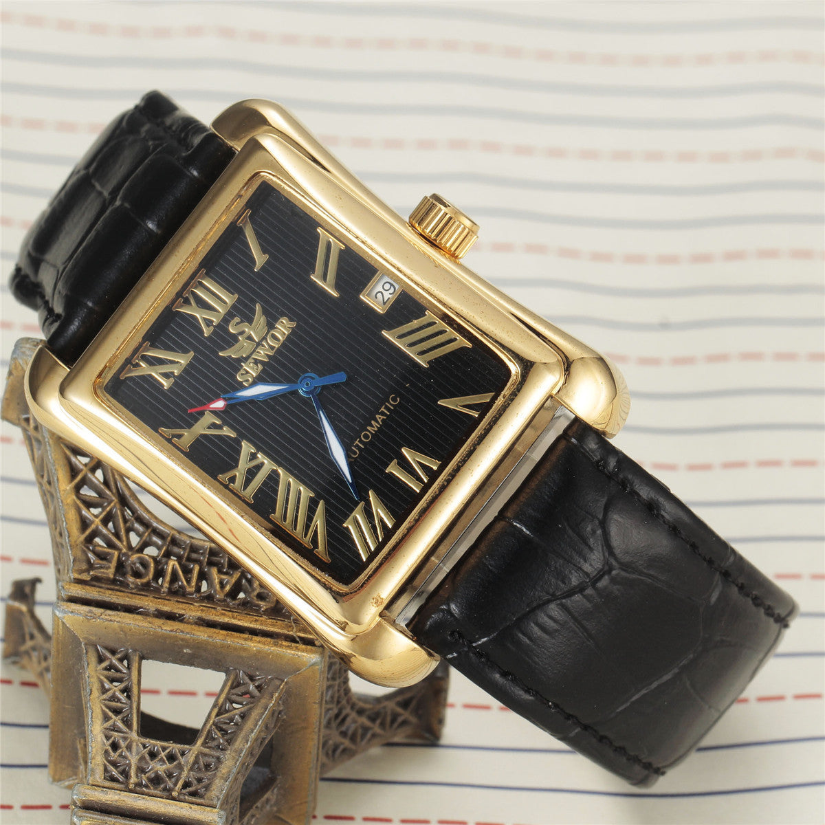 Mens Automatic Mechanical Square-case Leather-strapped Mens Watch Calendar Wristwatch