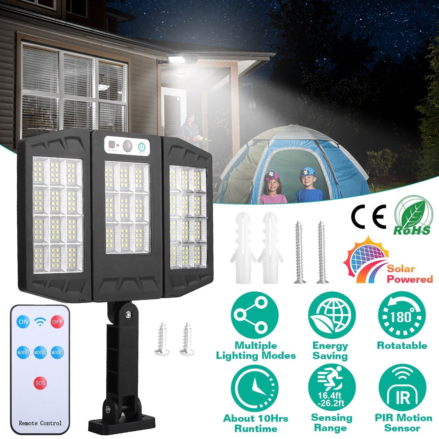 Solar Wall Light Outdoor 264Pcs LED Beads PIR Motion Sensor Remote Control Wireless Lamps IP45 Waterproof Lighting for Garage Front Door Garden Pathwa