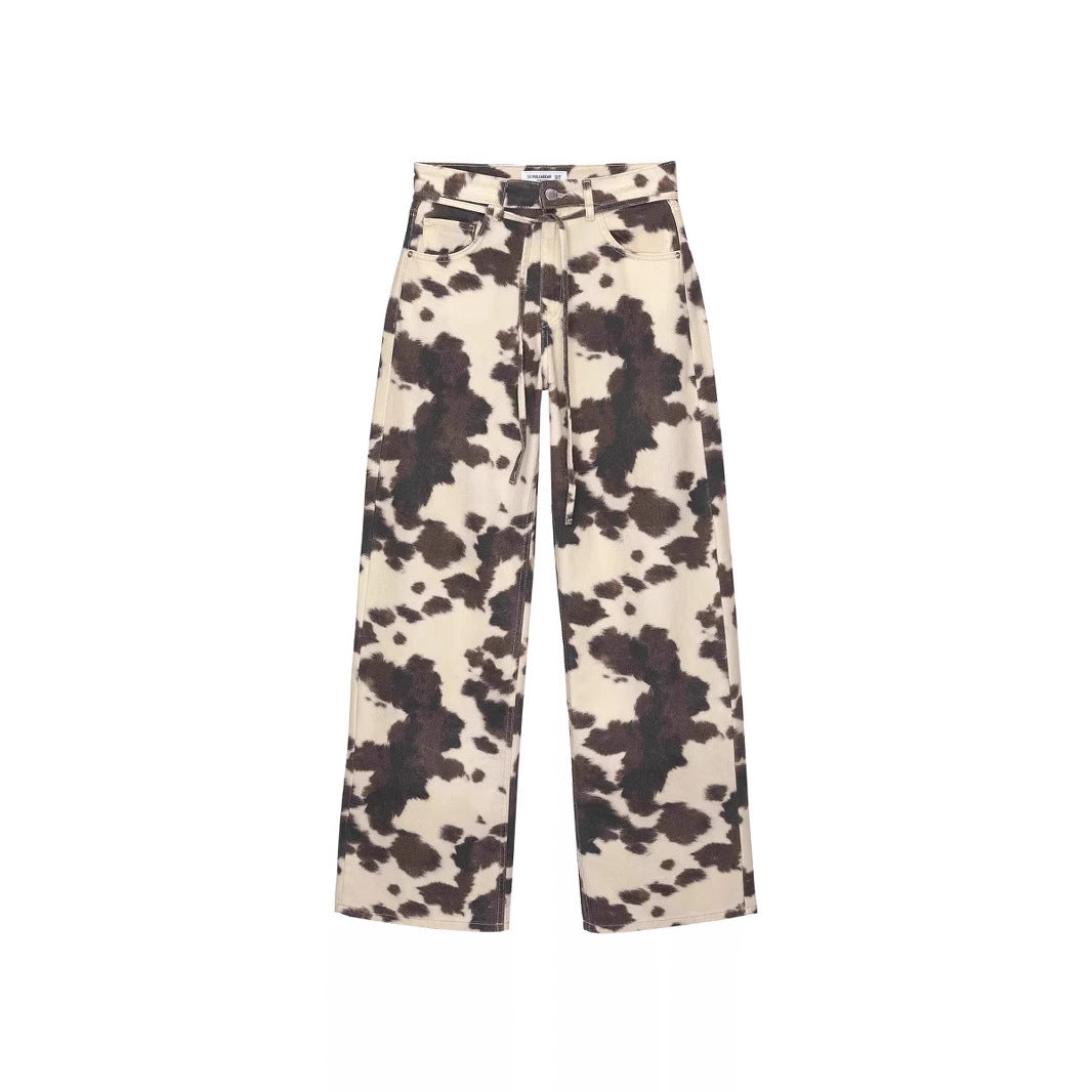 Womens Retro Washed Denim Jeans With Cow Print