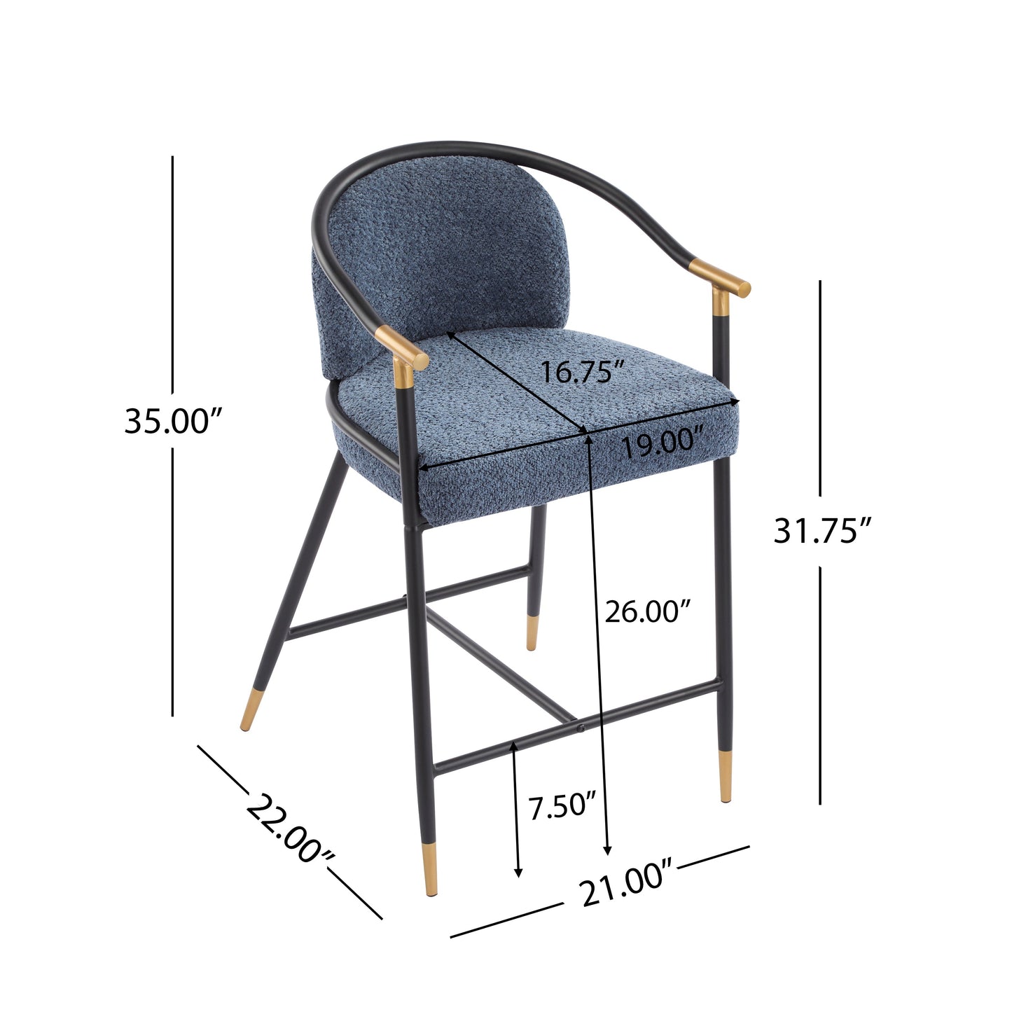 26" H Upholstered Counter Stool with Metal Frame (Set of 2) - Navy