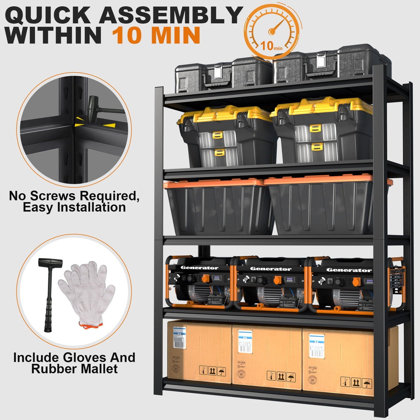 Shelves With 5 Removable Dividers, Durable For Garage - Black