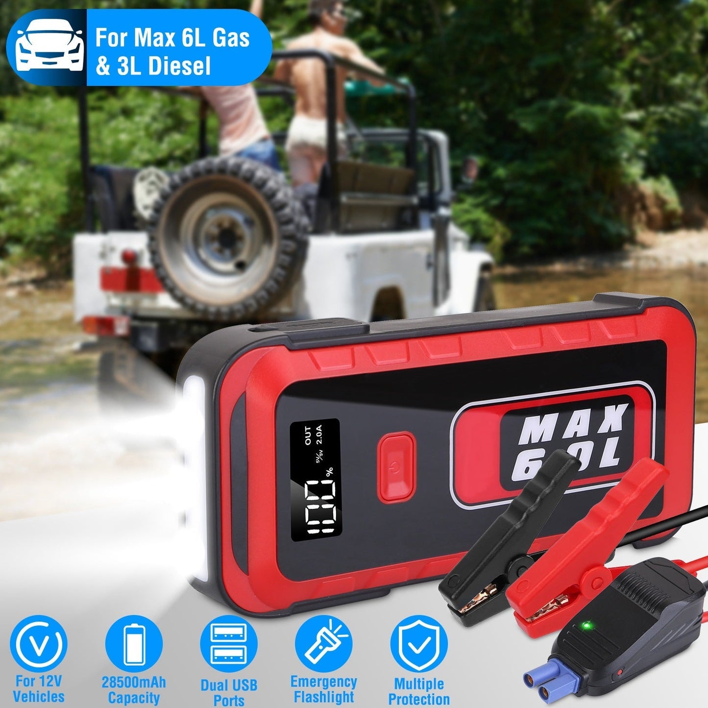 Car Jump Starter Booster 2500A Peak 25800mAh Battery Charger Power Bank with 4 Modes LED Flashlight for Up to 6.0L Gas or 3.0L Diesel Engine Car