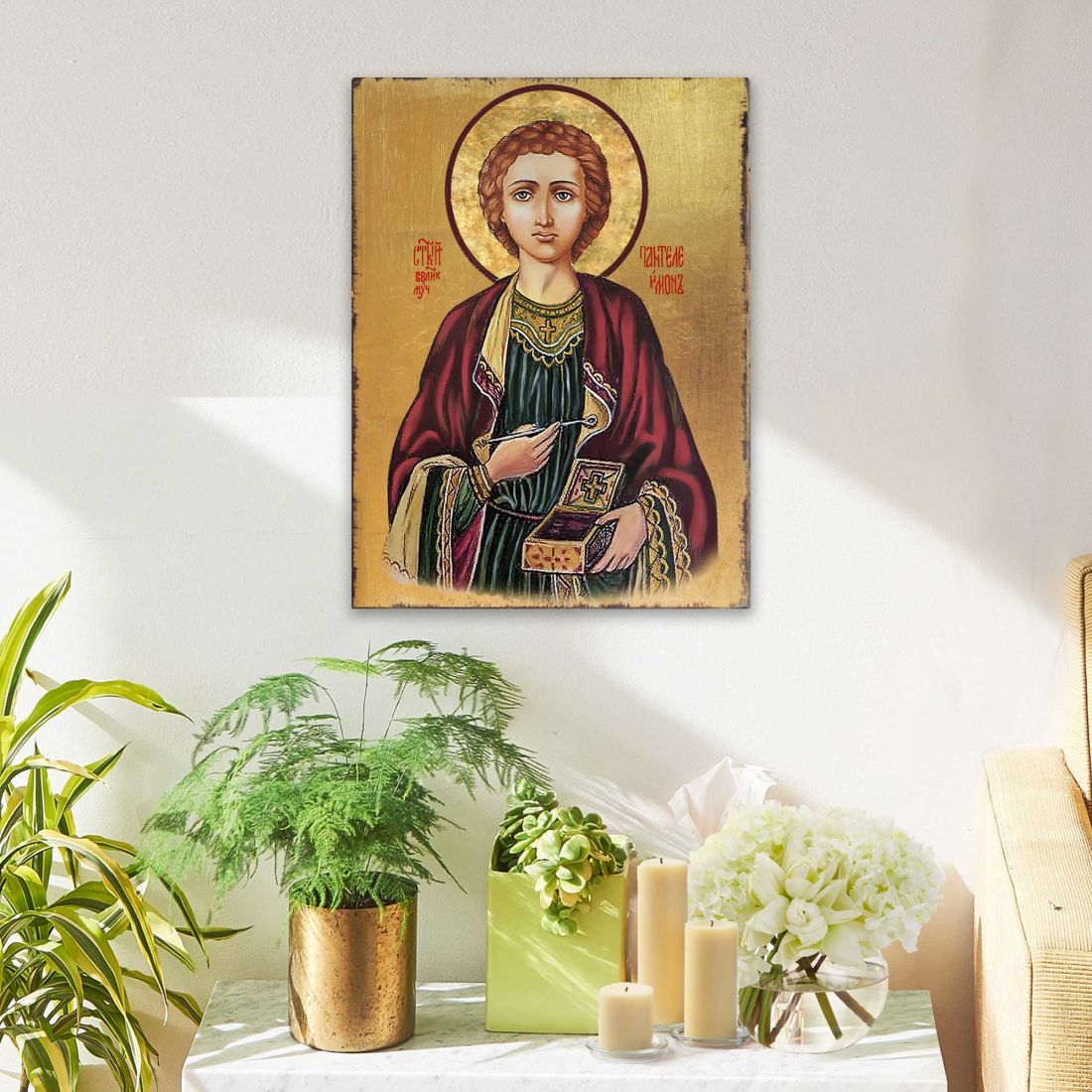 Saint Panteleimon Wooden Gold Plated Religious Orthodox Sacred Icon - Inspirational Icon Decor - 85023