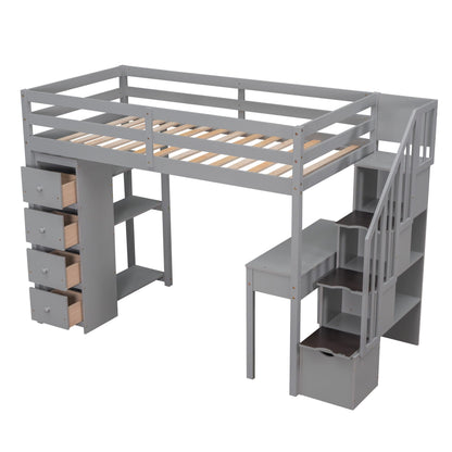 Loft Bed With Storage Drawers, Desk And Stairs With Shelves