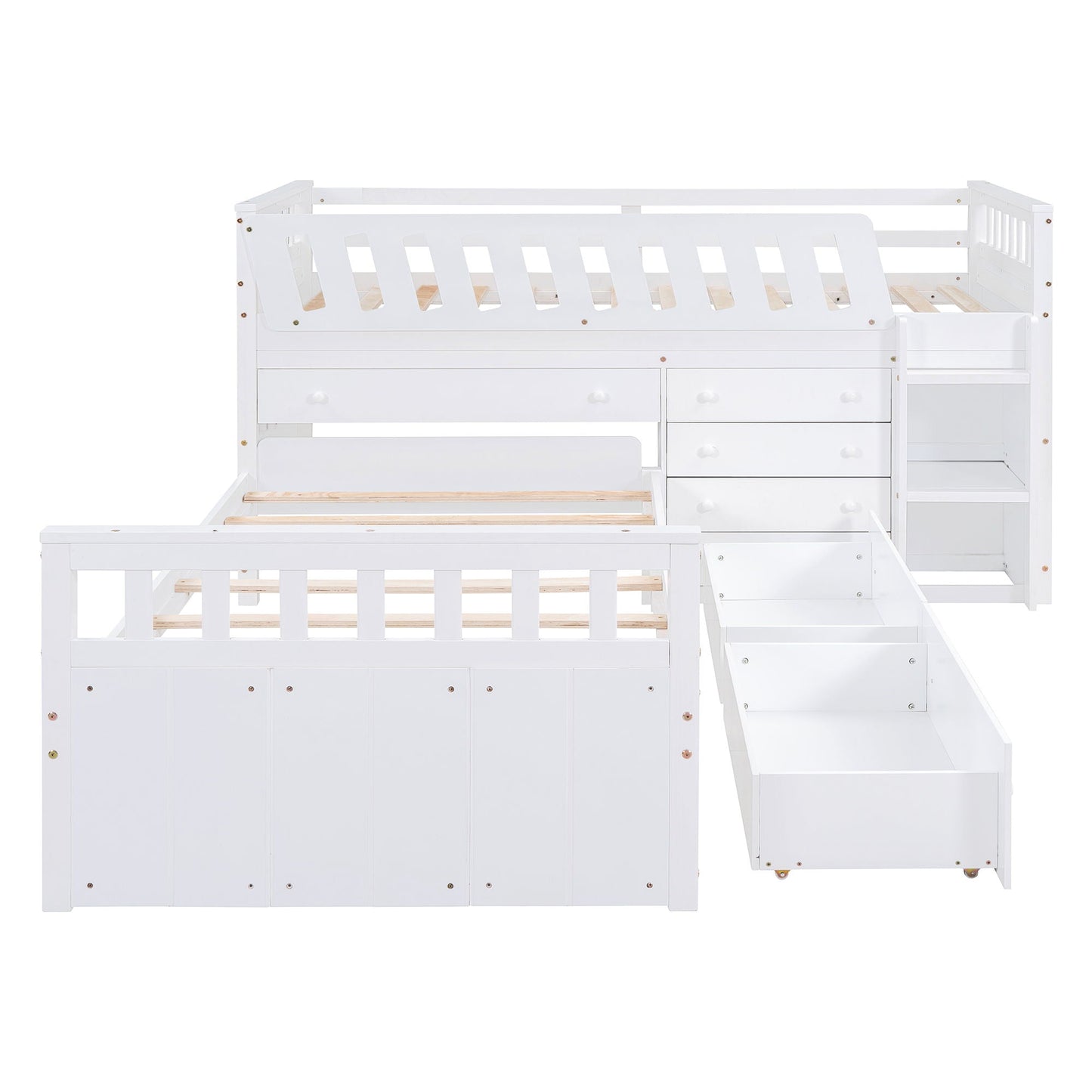 Loft Platform Bed With 7 Drawers And Full Guardrails, Modern L Shaped Space Savin