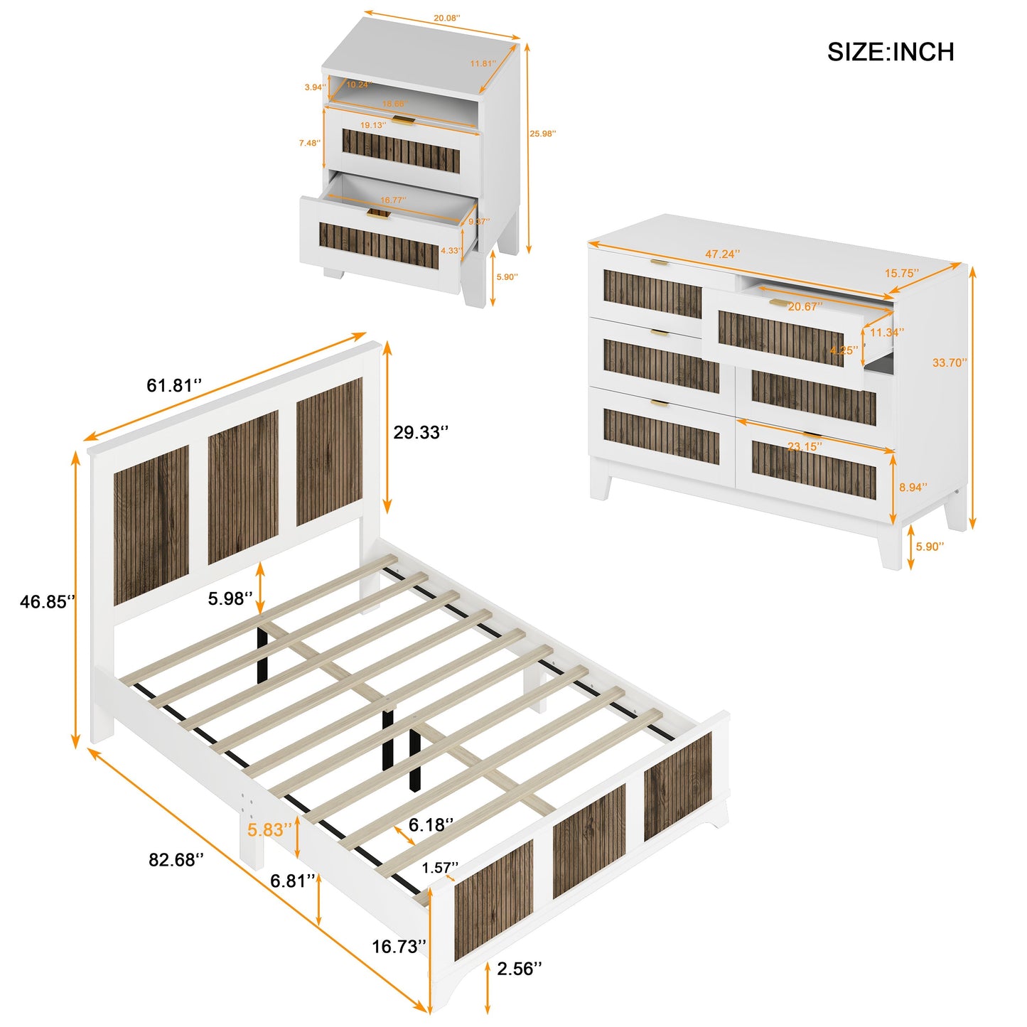 4-Pieces Bedroom Sets, Queen Size Farmhouse Platform Bed with Storage