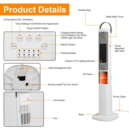 1500W Ceramic Tower Heater with 3D Flame & Remote Control