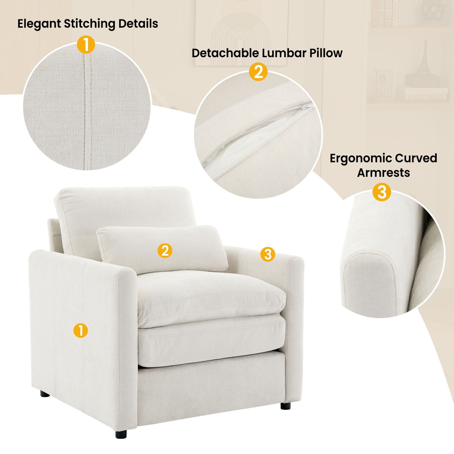 Cozy Upholstered Cushion Armchair For Living Room