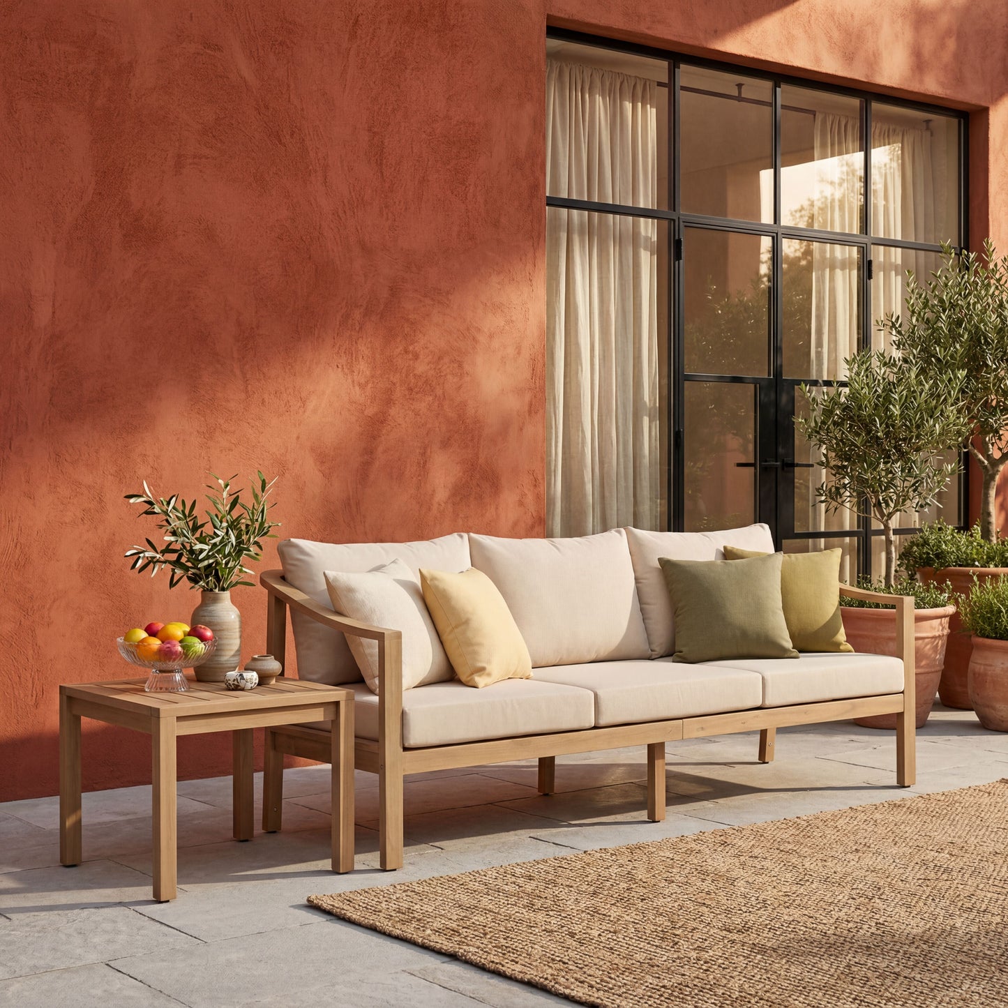 77.95" Outdoor Acacia Wood 3-Seater Sofa with Beige Cushions