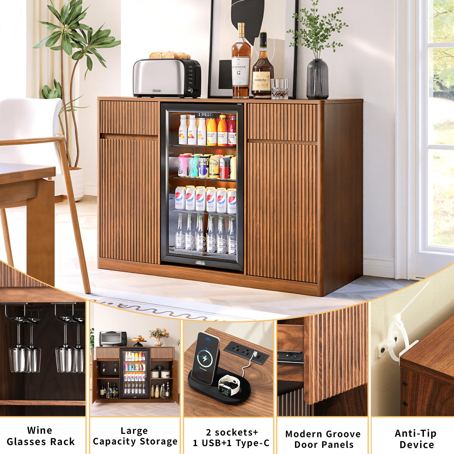 53.2" Fluted Buffet Wine Cabinet with Mini Fridge Nook (Fridge Not Included)