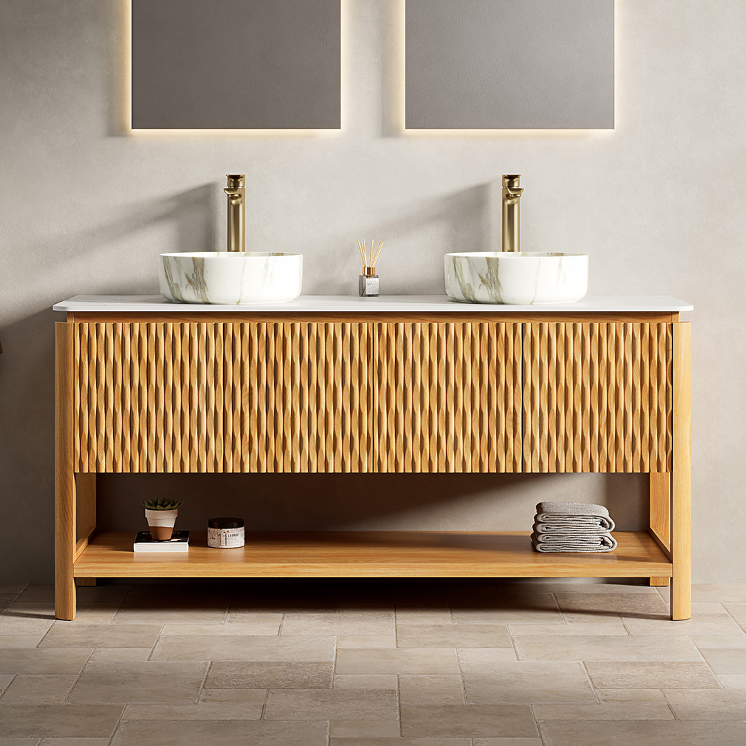 SHARMA 60" Bathroom Vanity & Sinks - Freestanding Plywood Storage Cabinet