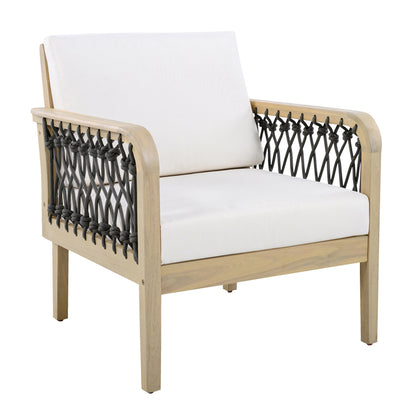 Outdoor Acacia Wood Club Chair with Handwoven Rope, Light Teak Finish