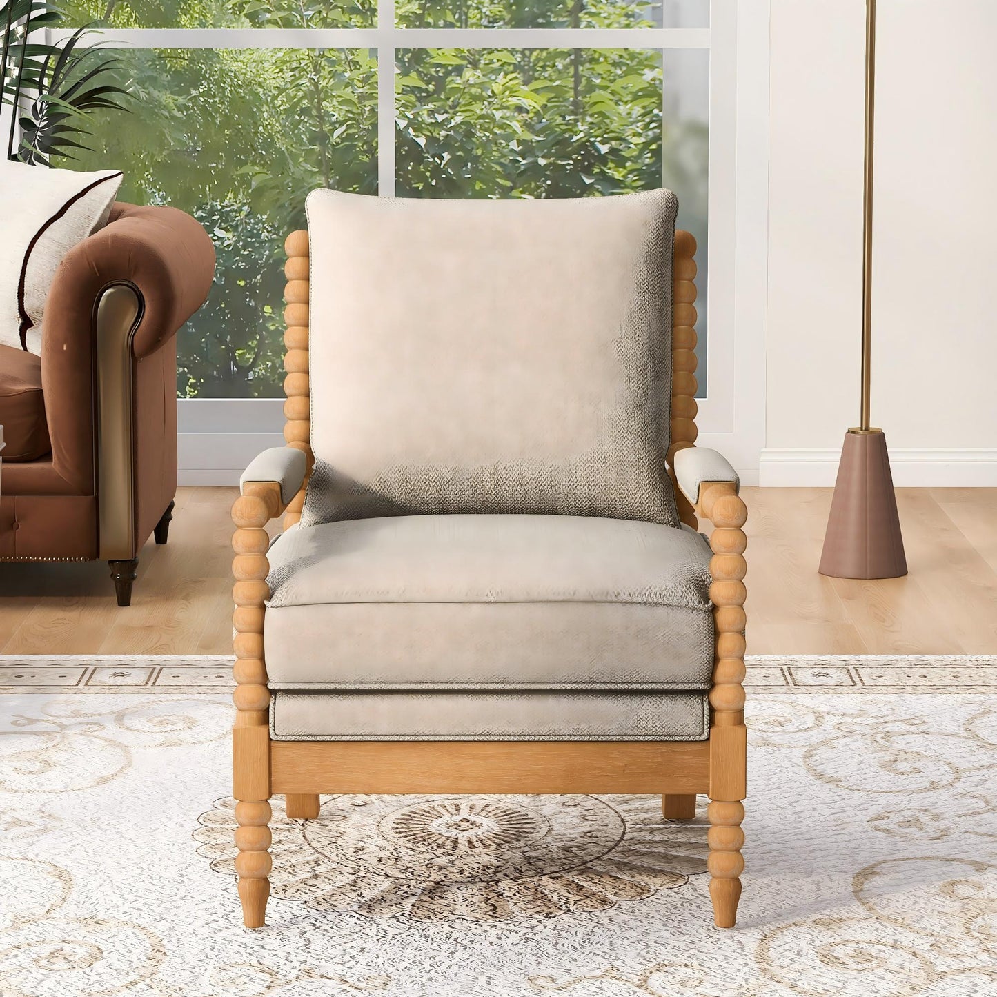 Rubber Wood Accent Chair with Upholstered Fabric and High-Density Sponge Cushion