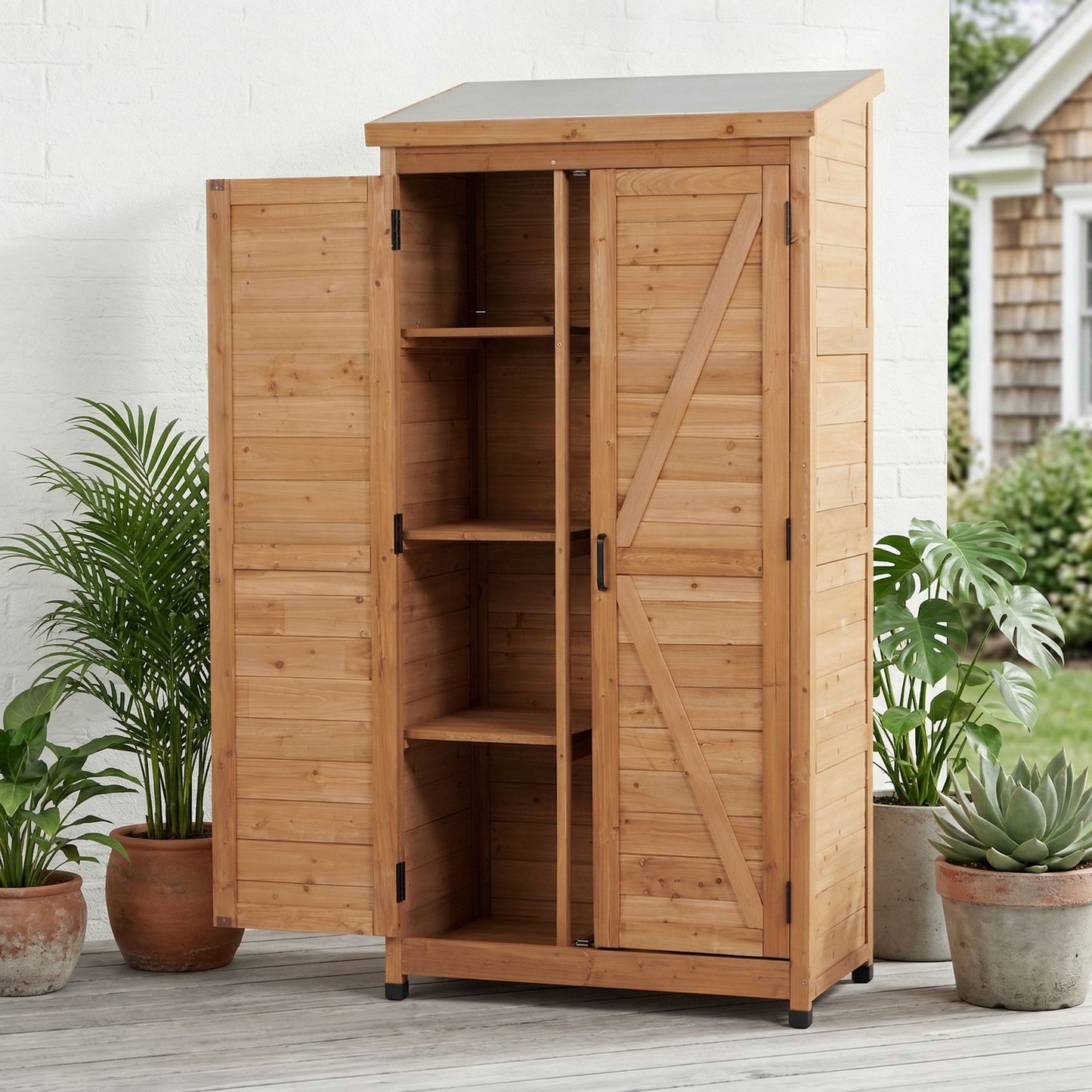 Outdoor Storage Shed With Vertical Tool Cabinet For Backyard