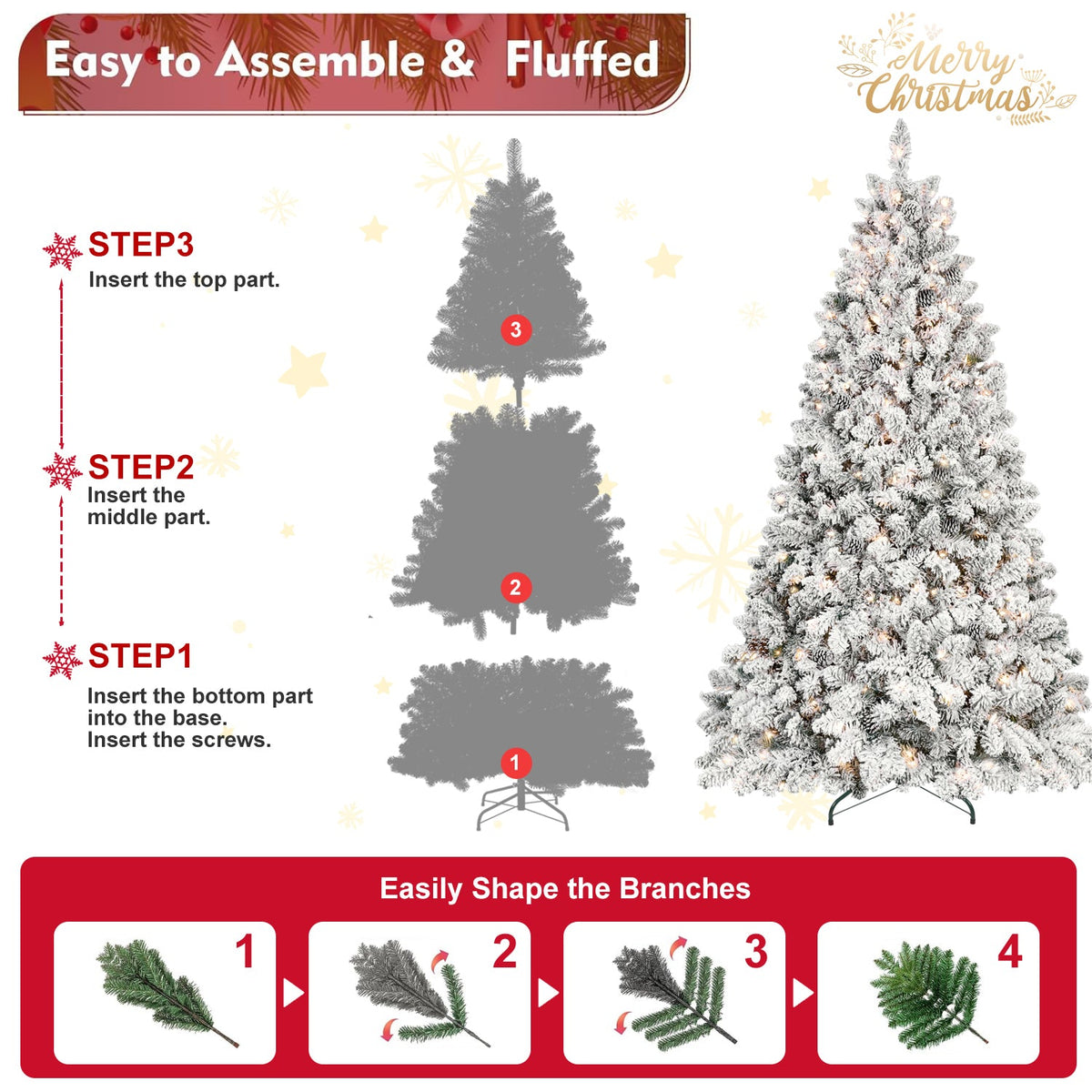 9FT Flocked Christmas Tree with 850 UL Lights and Pine Cones