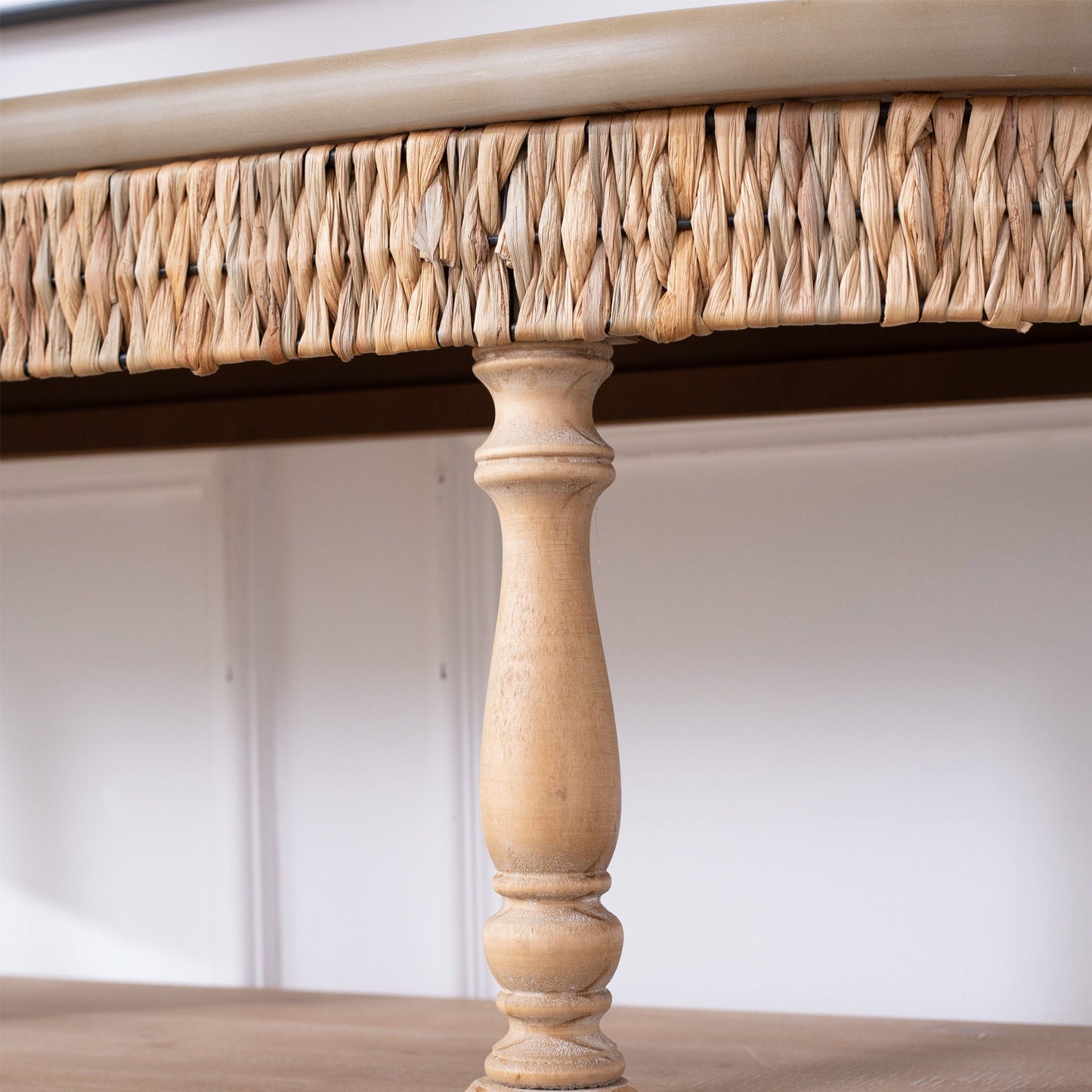 Handcrafted Console Table With Hand Woven Trim, 3 Tier Storage Shelves - Natural