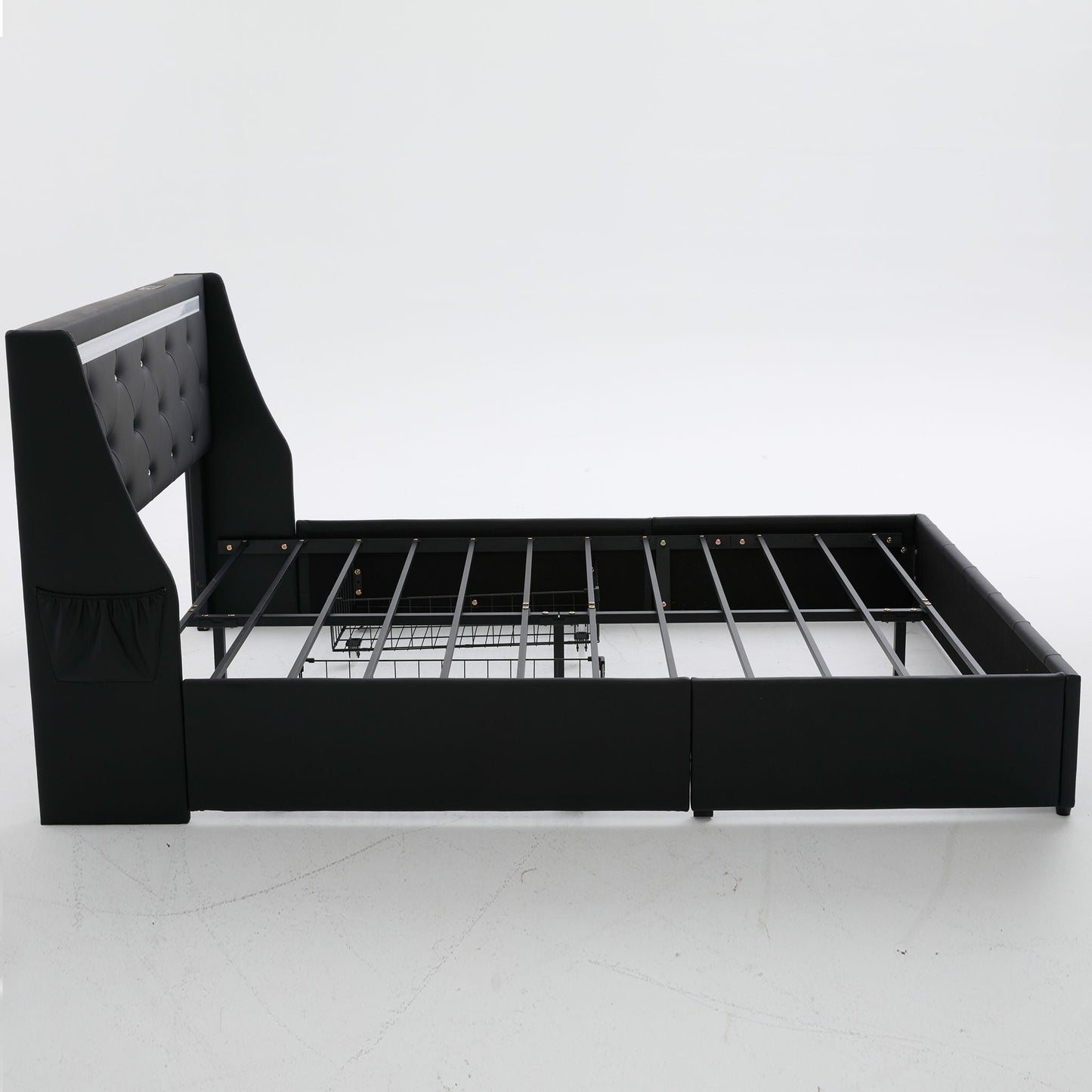 Wingback Upholstered Bed Frame With LED Lights, Charging Station