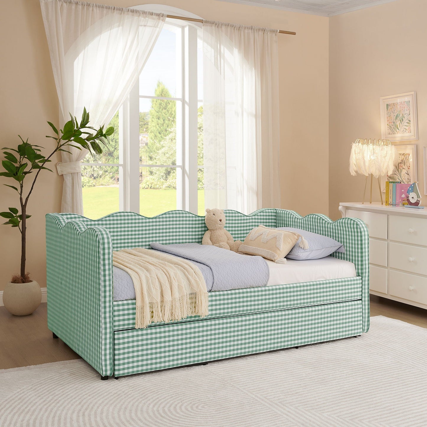 Gingham Daybed With USB Charging Port, Wave Shaped Design