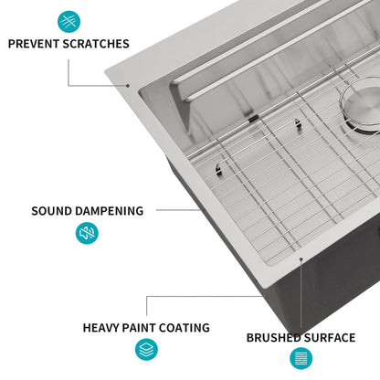 33" Drop In Kitchen Sink Single Bowl 16 Gauge Stainless Steel Ledge Workstation - Black