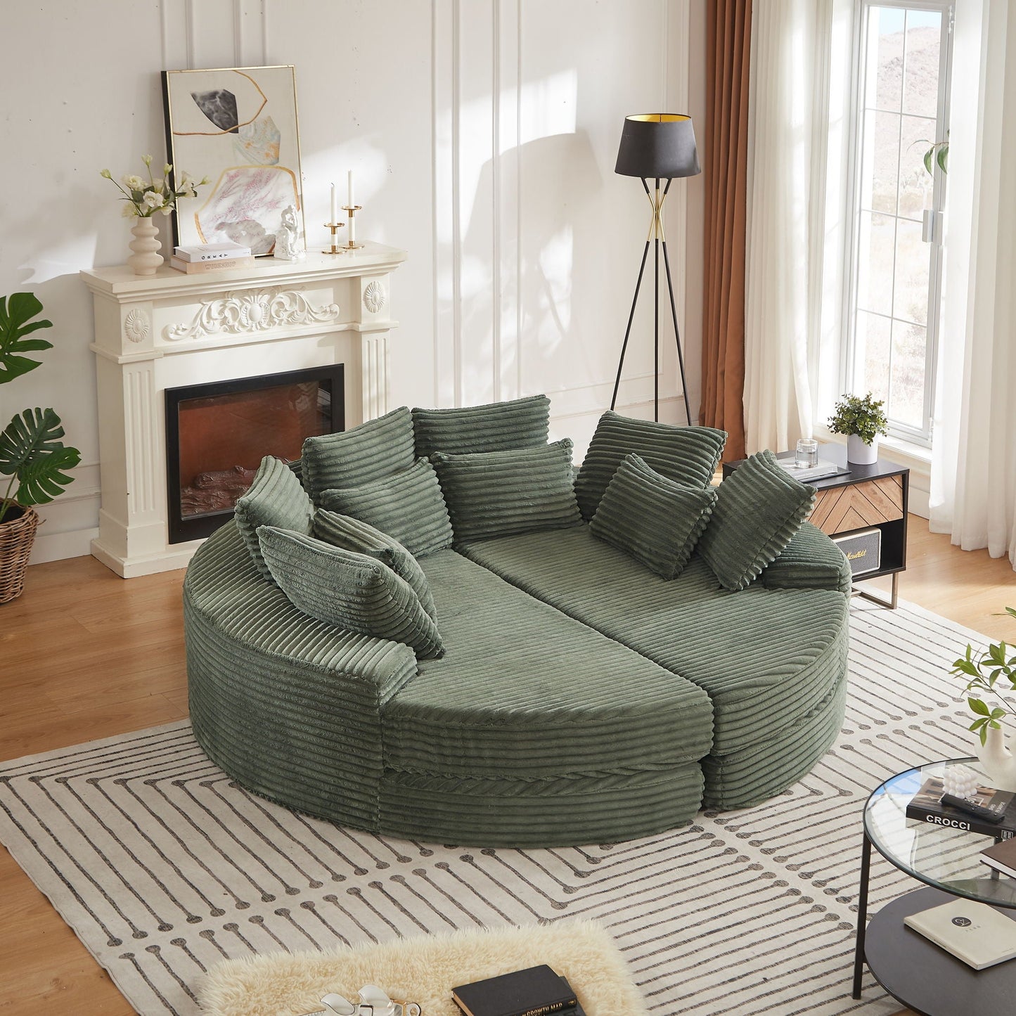 Round Oversized Sofa Bed With 5 Throw Pillows