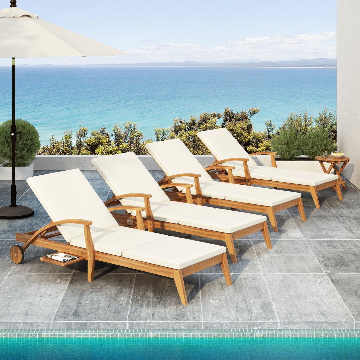 Outdoor Recliner Side Table Set with Acacia Wood and Adjustable Chaise Lounge
