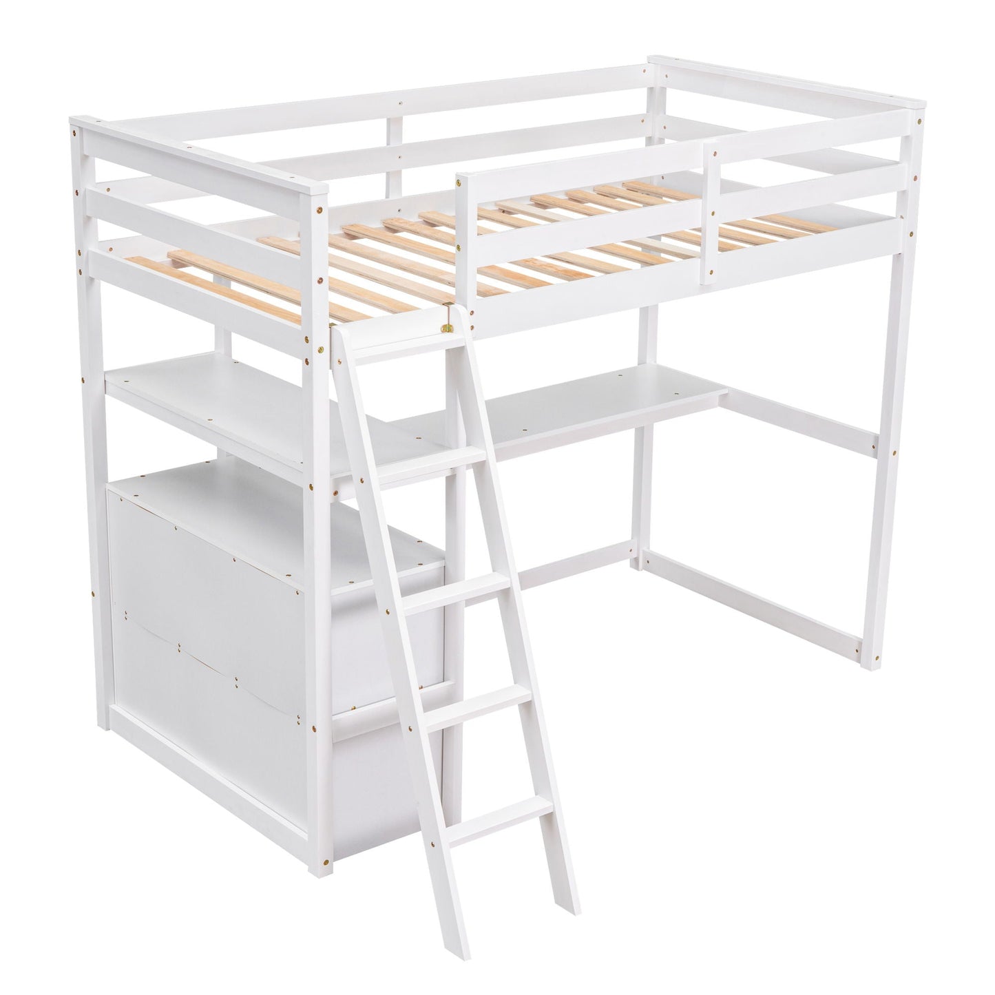 Modern Loft Bed With Built In Desk, Shelves, And 2 Drawers