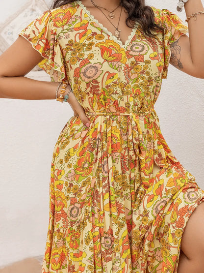 Printed V-Neck Flutter Sleeve Tie Waist Maxi Dress