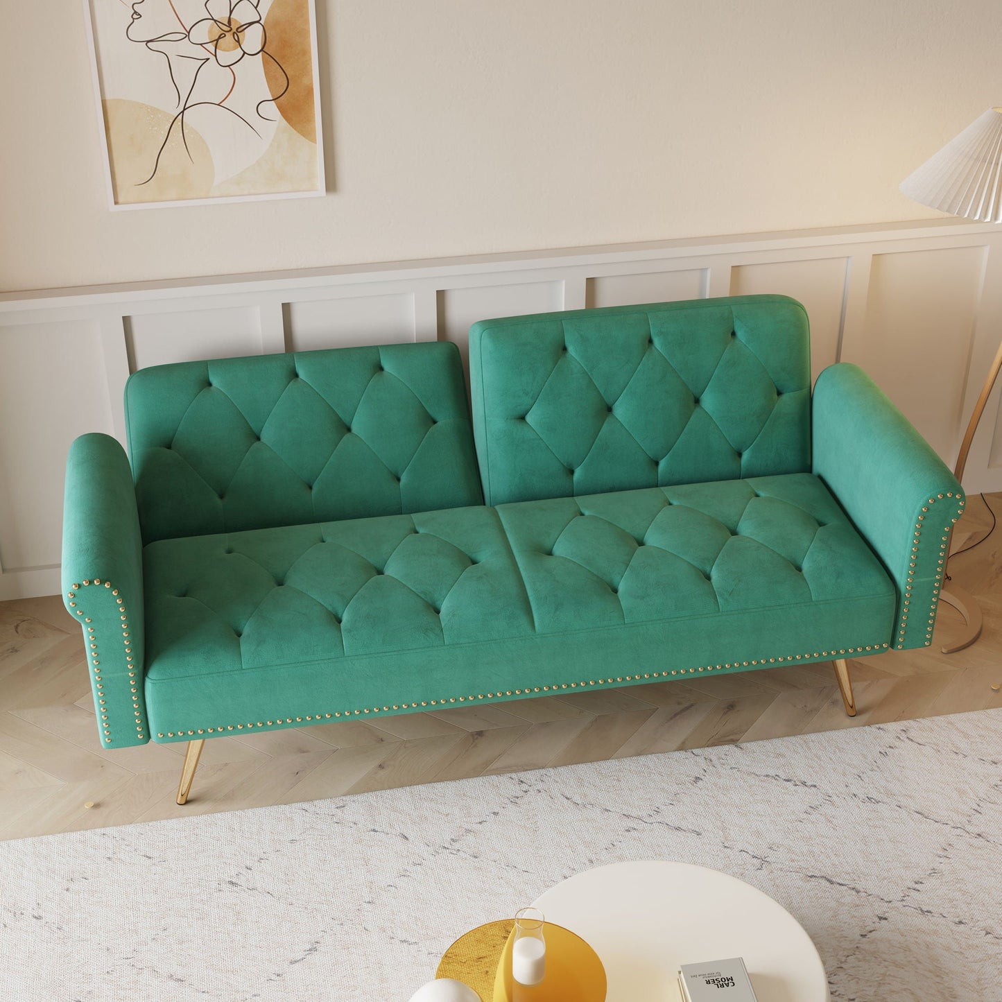 Luxurious Sofa Bed With Nail Head Trim And Matching Pillow