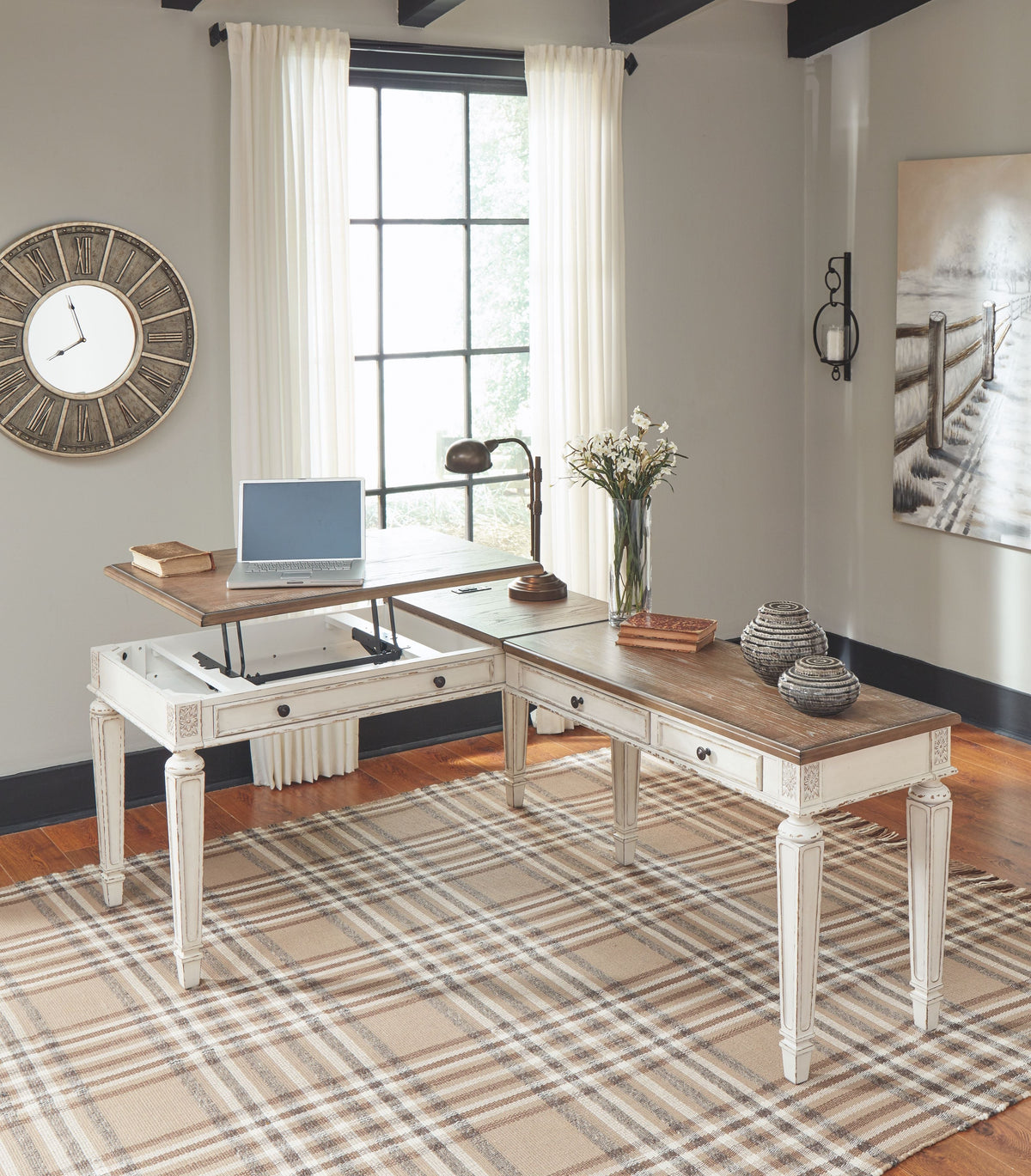 Realyn - Home Office Lift Top Desk - White / Brown
