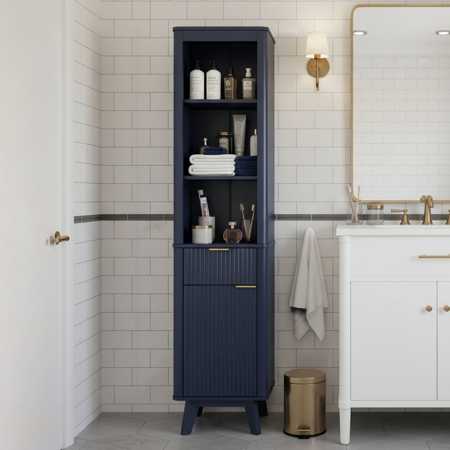Tall Bathroom Storage Cabinet With Adjustable Shelves And 1 Drawer & Door