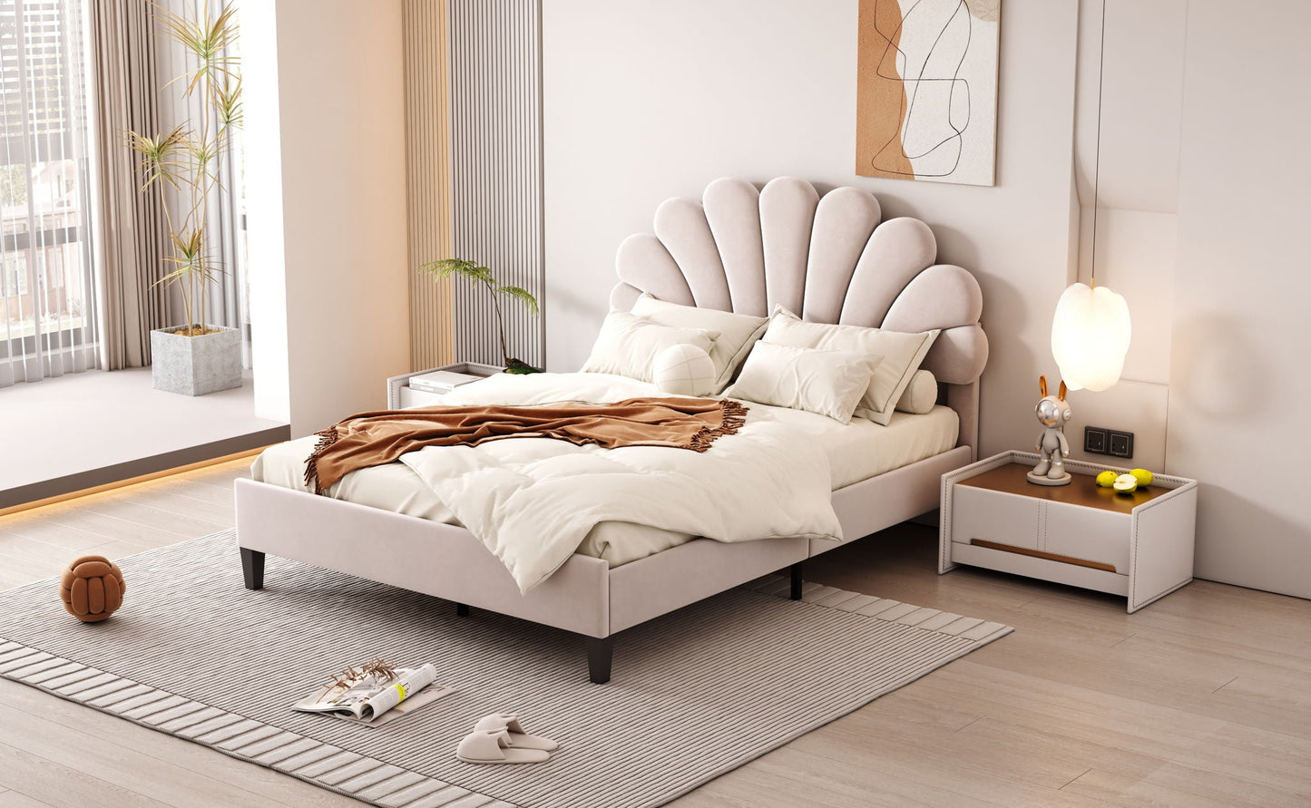 Upholstered Platform Bed With Flower Pattern Headboard