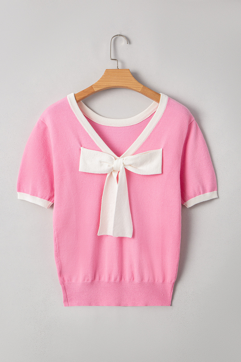 Mercy Bow V-Shape Cut Back Short Sleeve Sweater