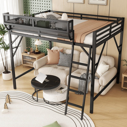 Full Size Loft Bed with Ladder and Storage Shelves
