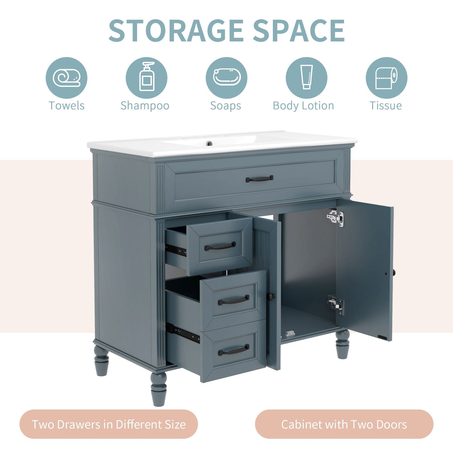 Bathroom Vanity With Sink, 2 Doors 2 Drawers, Freestanding Design