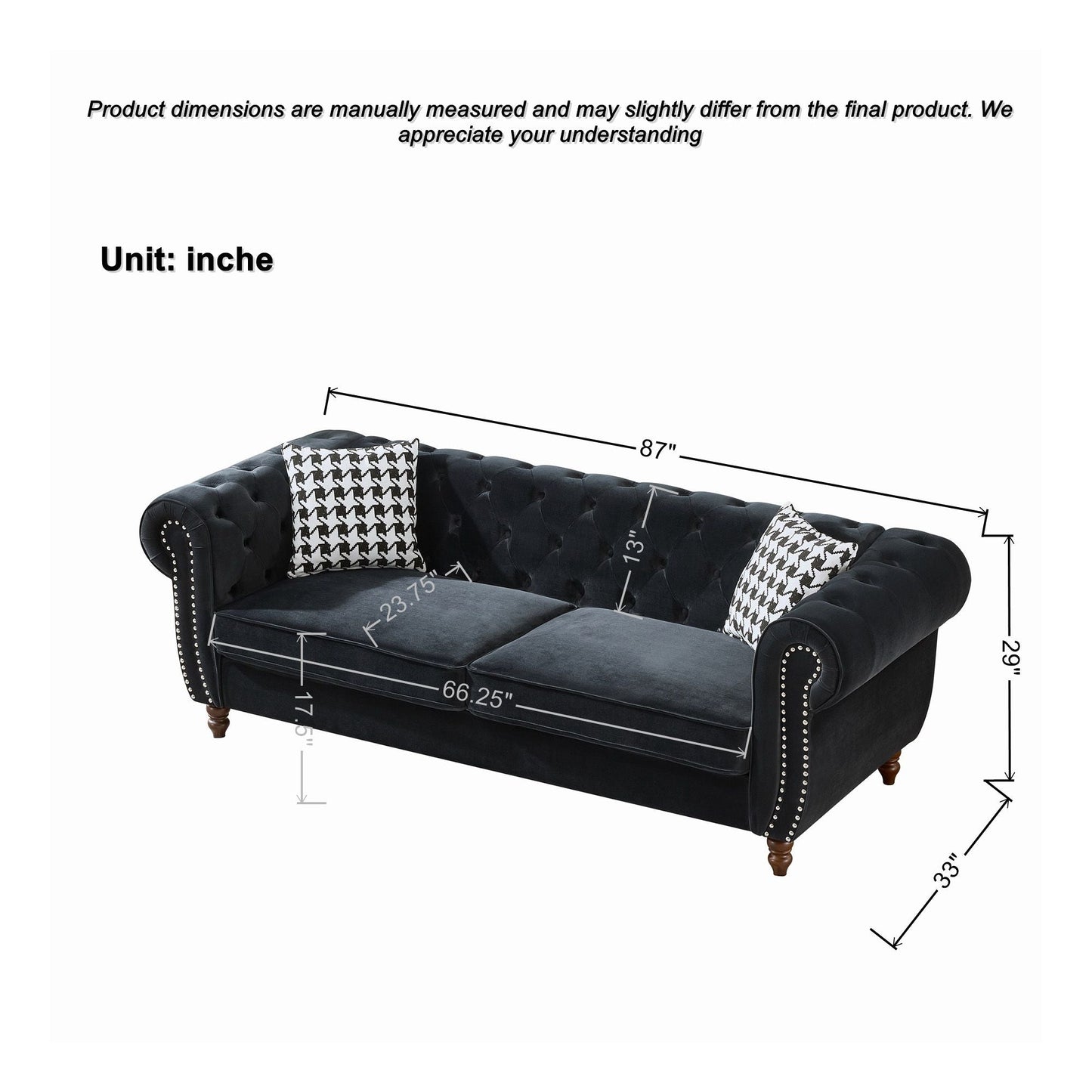 Chesterfield Upholstery Fabric Sofa With Roll Armrest & Nailhead, Mid Century Modern 3 And 3 Seater Couch