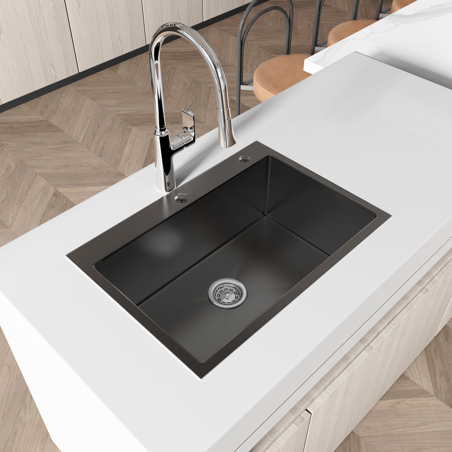 Stainless Steel Kitchen Sink, 27″x19″ Single Bowl, Overmount Handmade Sink