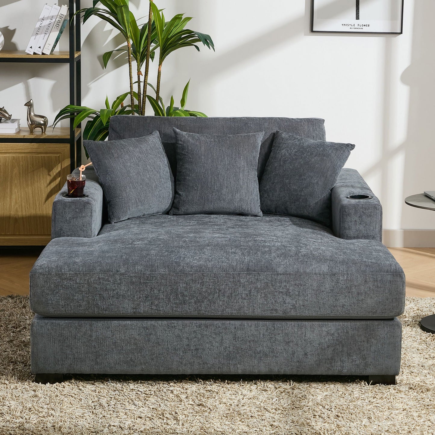 Oversized Chaise Lounger Modern Style Sofa Couch With Pillows, Charge Station & Cup Holders