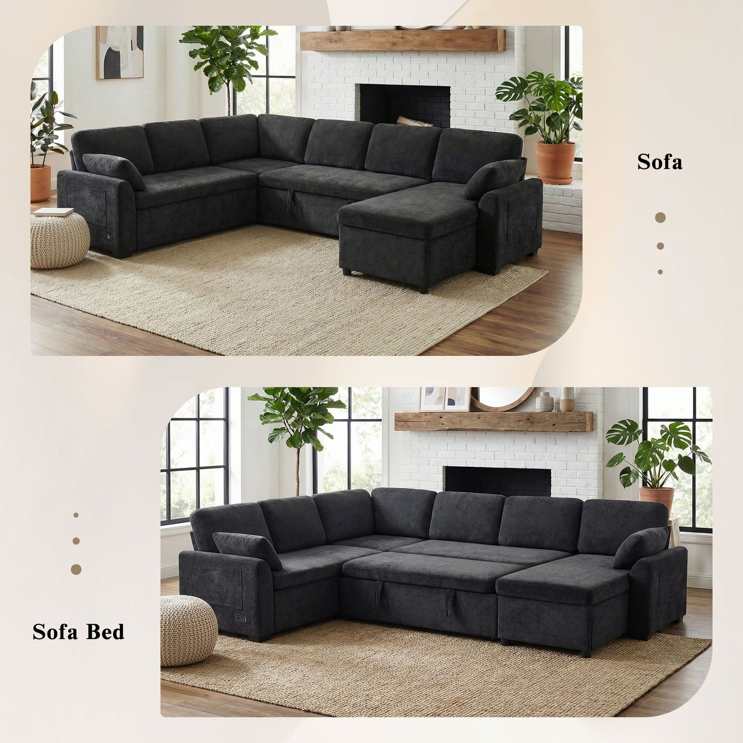 Convertible U-Shaped Sectional Sofa Bed With Reversible Chaise